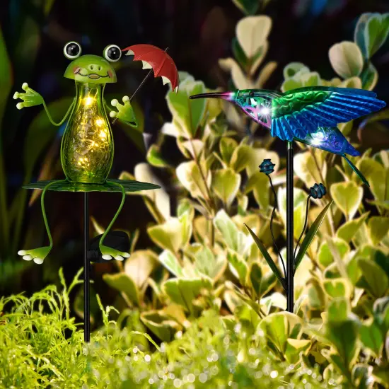 Set of 2 36"H/39"H Solar Hummingbird & Frog Yardstakes {1}