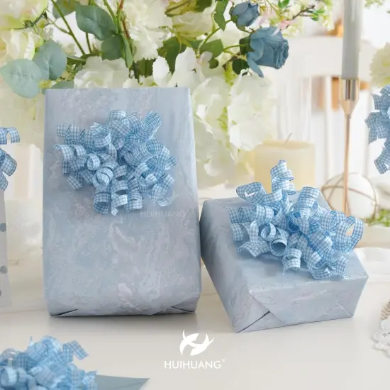 Blue Bows for Gift Wrapping Dusty Blue Plaid Ribbon Bow Self Adhesive Curly Gift Bows for Presents, Treat Bags, Bridal Shower Favors, Wrapping Accessories -5 inch x 8 Counts {4}