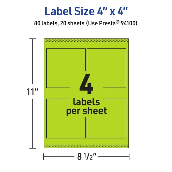 Avery Bright Green Paper Labels, 4" x 4" Square {5}