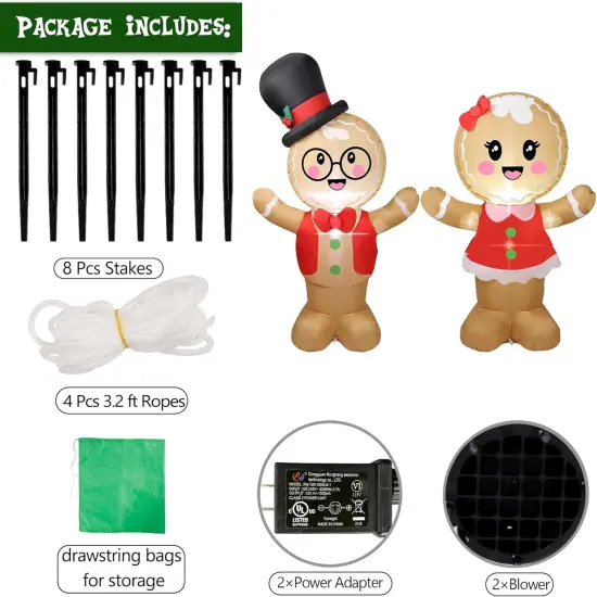 Christmas Inflatable Decoration, 5FT Set of 2 Blowup Welcome Gingerbread Man Couple, Adorable Xmas Inflatable Ginger Bread Man for Winter Holiday Garden Yard Lawn Outdoor Indoor Decor {3}