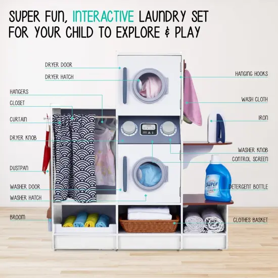Lil' Jumbl Wooden Pretend Laundry Playset for Kids with Washer and Dryer White {2}