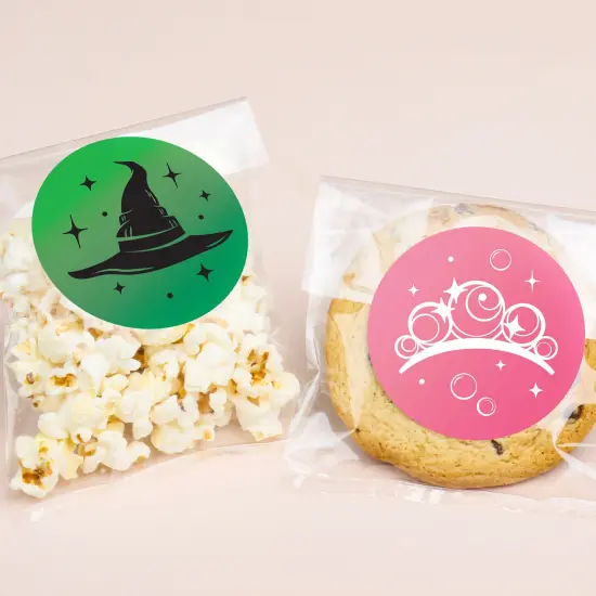 Big Dot of Happiness Pink & Green Witch Stickers and Clear Cookie Bags, Cellophane Treat Bags 4.25x7 Inches, Birthday or Halloween Favor Gifts - 25 Ct {1}