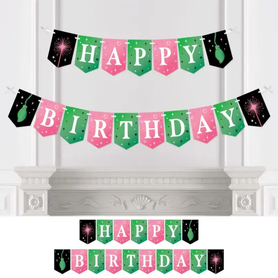 Big Dot of Happiness Witch Birthday Banner, Green Witch and Good Pink Party Decorations, Happy Birthday Bunting Banner {1}