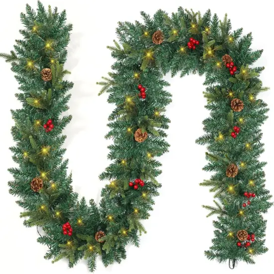 9 FT Christmas Garland with Lights,Battery Operated Lighted Garland,50 Warm White LED Lights {1}