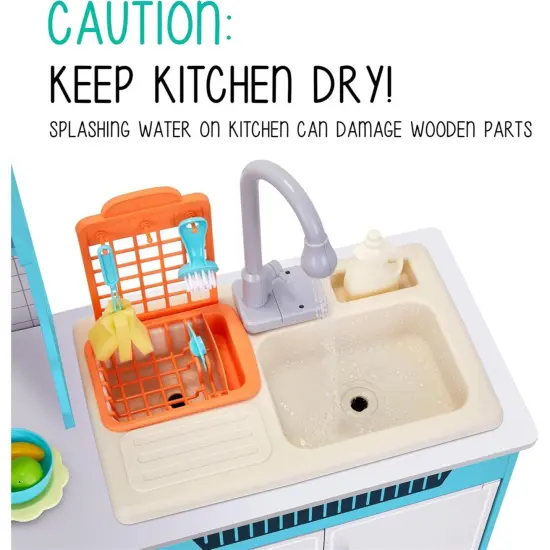 Lil' Jumbl Wooden Pretend Play Kitchen Set for Kids with Washer, Dryer, Sink, and Interactive Features Blue {3}