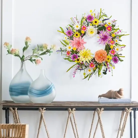 Artificial Summer Wreath 22 Inch Floral Wreaths for Front Door Summer Wreath with Dahlia Daisy Flowers for Indoor Porch Wall Holidays Easter Celebrations {2}
