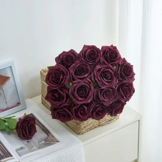 50pcs Roses Artificial Flowers Bulk,Burgundy Fake Roses Silk Flower {2}