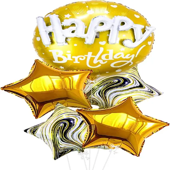 Gold Happy Birthday Balloon Set - 23 Inch, Big, Pack of 5 | Happy Birthday Mylar Balloons, Golden Birthday Balloons | Gold Star Balloons, Gold Foil Balloons | Black And Gold Party Decorations {1}