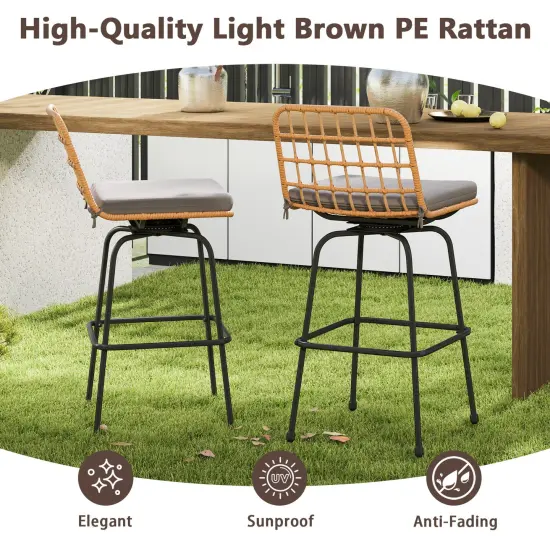 Set of 2 Patio Swivel Barstools with Soft Seat Cushions and Reinforced Metal Frame {6}