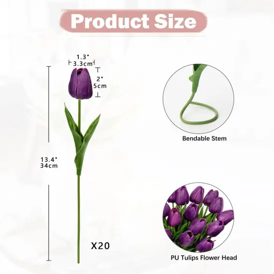 20 Pcs Purple Tulips Artificial Flowers Real Touch Fake Tulips {3}