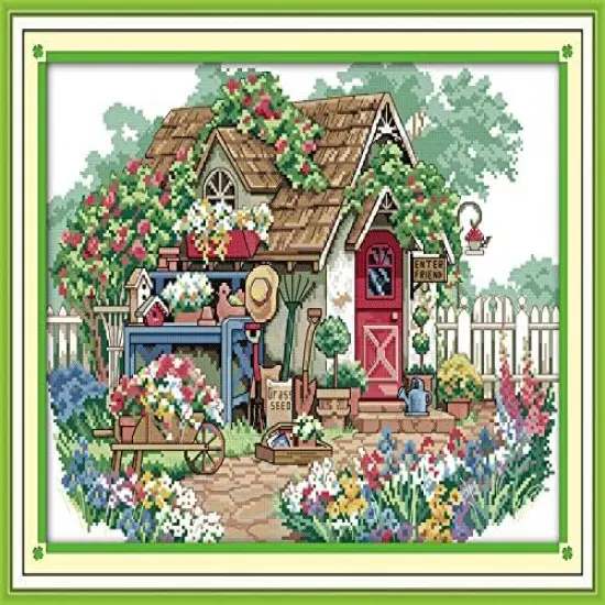 14CT Counted Cross Stitch Kits for Adults,DMC Threads Unprinted Pattern Embroidery Kit Needlework-Flower Cabin {1}