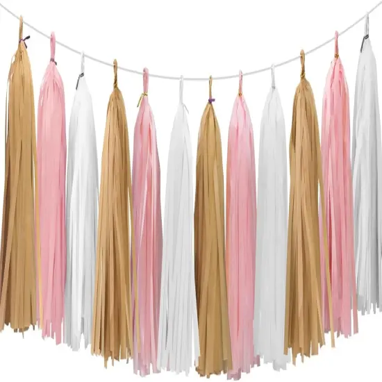 Gold White Pink Tassel Garland for Baby Shower Decorations Bridal Shower Birthday Party Decorations 15PCS {1}