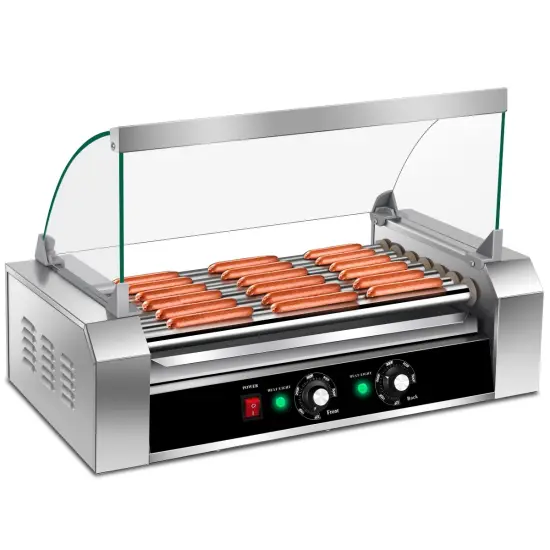Stainless Steel 18-Hot Dog Roller Grill with Glass Hood & Tray {4}