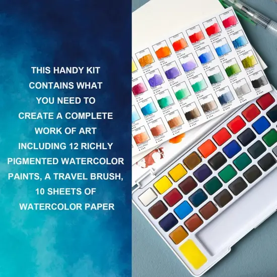 Watercolor Paint Set 36 Vivid Colors with Water Brush & 10 Artist Grade Watercolor Paper 32k Perfect Travel Watercolor Set for Beginners, Hobbyists & Painting Enthusiasts {2}