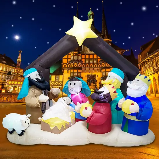 Christmas Inflatable Nativity Sets for Christmas Outdoor Decoration with Flashing LED Lights,Outdoor Inflatable Nativity Scene Set Lighted Blow up Christmas Baby Jesus Yard Indoor Props {1}