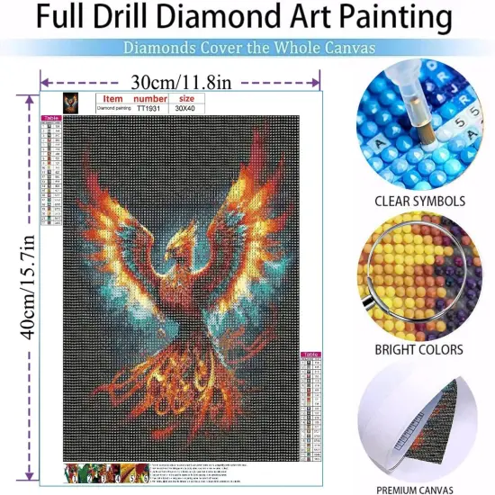 Phoenix Diamond Art Kits for Adults,DIY 5D Fire Phoenix Diamond Painting Kits for Beginners, Round Full Drill Diamond Dots Paintings,Diamonds Pictures Gem Art Crafts Home Decor 16x12IN {5}