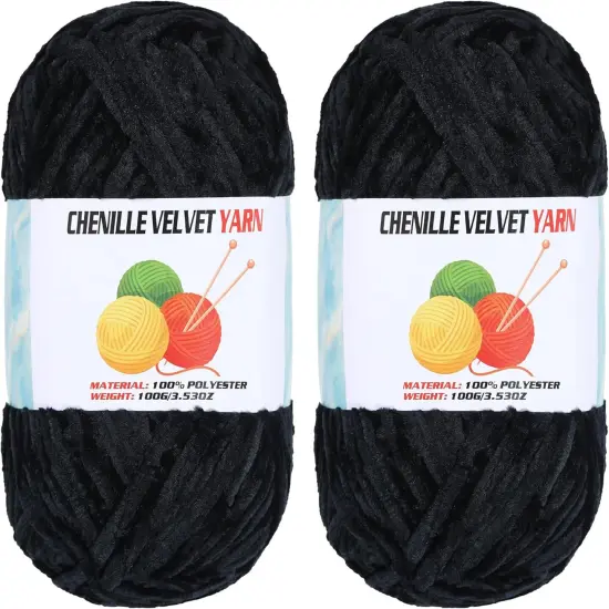 2 * 100g Velvet Chenille Chunky Yarn, Handcrafts Weaving Soft Chenille Yarn for Crocheting Clearance, Used for Making Baby Yarn Blanket, Clothes, Knitting Creations (Black) {1}