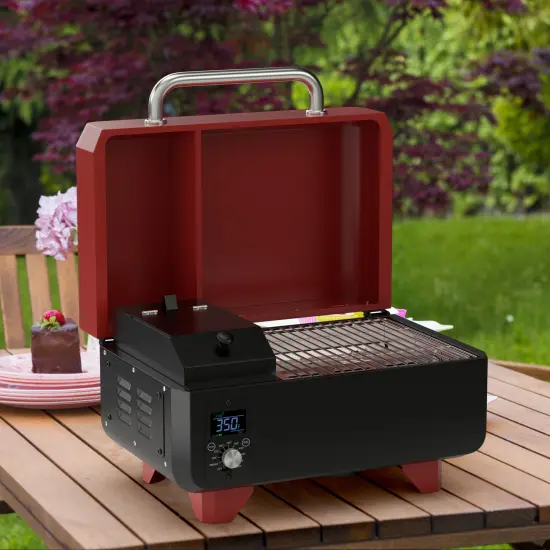 8-in-1 Multifunctional Outdoor Portable Tabletop Pellet Grill and Smoker with Digital Control System Red {5}