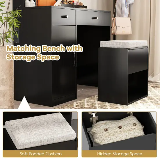 Vanity Set with 3-Color Adjustable Lights, Storage, Charging Ports and Stool Black {6}