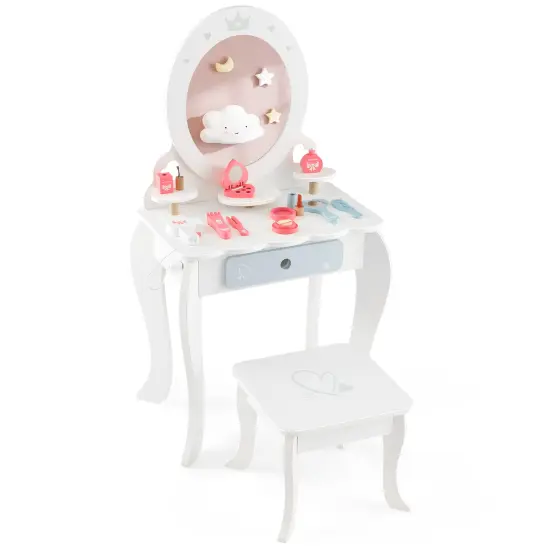 White MDF Kids Vanity Set with Removable Mirror, Storage, Stool, and Accessories {1}