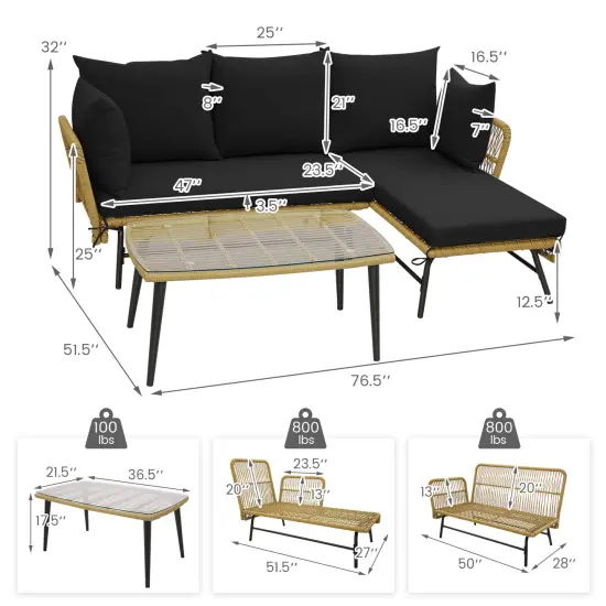 3 Pieces L-Shaped Patio Sofa with Tempered Glass Coffee Table with Metal Frame Black {5}