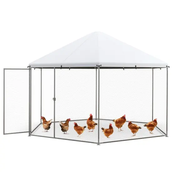 Silver Large Metal Hexagonal Chicken Coop with 210D Oxford Fabric and Lockable Door {4}