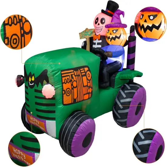 5.5Ft Long Halloween Inflatable Ghost Tractor LED Lights Decor Outdoor Indoor Holiday Decorations Halloween Blow up Car Lighted Yard Decor, Giant Lawn Inflatable Home Garden Party Decoration {5}