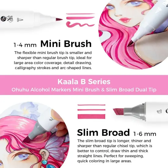 Alcohol Markers: Mini Brush & Slim Broad 60 Illustration Colors Dual Tip Brush Tip Alcohol-based Art Marker {2}
