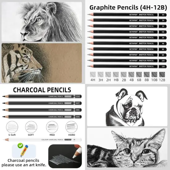 Drawing Sketching Pencil Set, 24 Piece Pro Artist Sketch Kit - Graphite Pencils (12B-4H),Charcoal Pencils for Drawing,Black and White Charcoal Pencils,Charcoal Sticks,Stumps,Eraser,Sharpeners {2}