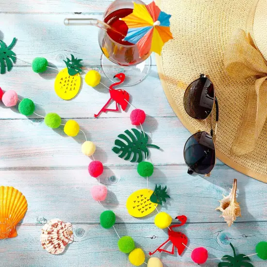 Summer Party Decoration Hawaii Pom Pom Ball Garland Tropical Flamingo Pineapple Party Banner Set Aloha Banner for Birthday Wedding Photo Backdrop Hawaiian Party {2}