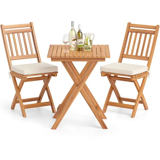 3 Pieces Acacia Wood Patio Bistro Set with Soft Seat Cushions Ideal for Outdoor Use {4}