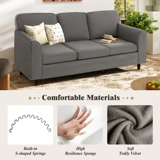 Modern 3-Seater Sofa Couch with Soft Teddy Velvet Ergonomic Cushions Wood Legs for Living Room Gray {6}
