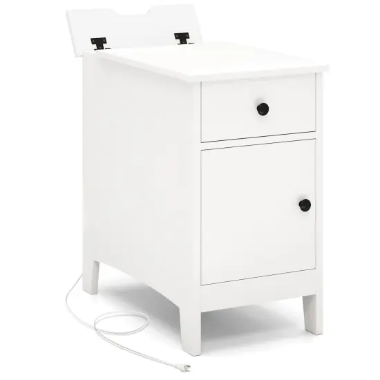 Flip Top Beside End Table with Charging Station Power Outlets and Pull-Out Drawer and Cabinet White {7}