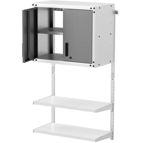 Grey Metal Wall 2 Door Cabinet with Lock and 3-Position Adjustable Shelves and 2 Open Shelves {1}