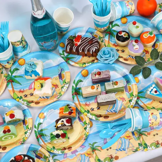 Beach Party Summer Tableware Supplies, Beach Plates and Napkins Set, Disposable Beach Plates, Cups, Napkins and Cutlery {4}