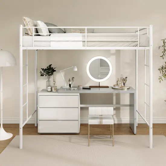 Metal Loft Bed Frame with Dual Ladders, Safety Guardrails and Under-bed Storage White {5}