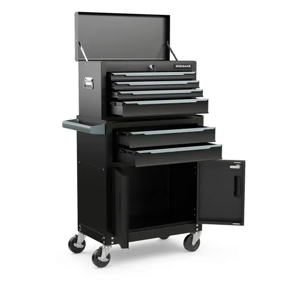 6-Drawer Rolling Tool Storage Chest with Universal Wheels and 2 Door Bottom Cabinet Black {3}