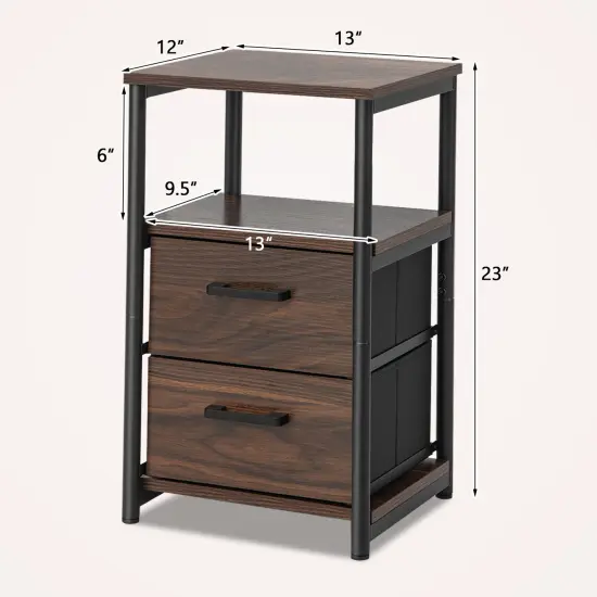 Bedside Table Set of 2 with Removable Fabric Drawers and Metal Frame-Walnut {5}