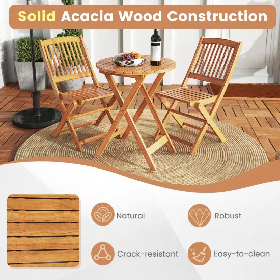 3 Pieces Acacia Wood Patio Folding Bistro Set with Soft Cushions and Slatted Backrest Beige {6}