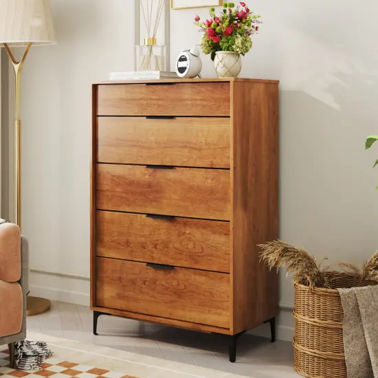 Cherry MDF 5 Drawer Dresser with Metal Legs and Anti Tipping Kit {5}