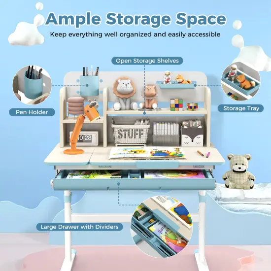 Blue Kids Height Adjustable Study Desk with Multilayer Open Shelves and Tiltable Desktop {6}