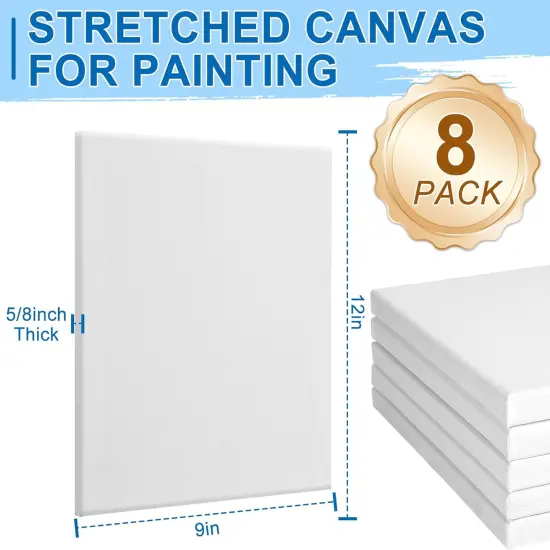 Stretched Canvas for Painting, 8 Pack 9x12 Inch Canvas Value Pack ,Primed Acid-Free Cotton Blank Canvases, Painting Canvas for Oil & Acrylic Paint. {5}