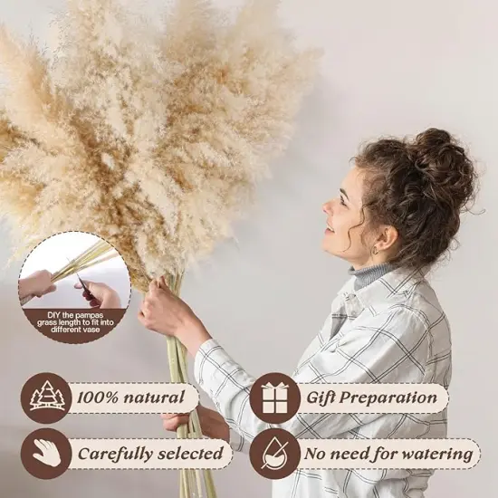 12pcs 40'' Dried Pampas Grass Decor - Tall-Large Pampas Grass - Natural Beige - Boho Home Decor {3}