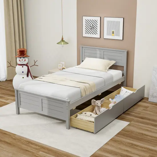 Twin Size Platform Bed with Drawers, Wood Headboard and Sturdy Frame Gray {3}