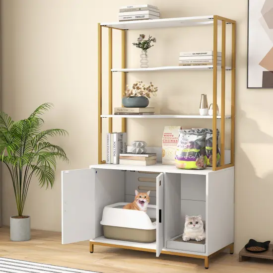 MDF Metal Cat Cabinet with Scratcher, Cat Litter Box Enclosure , Storage and Side Entry White {2}