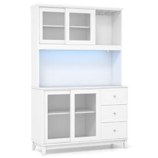 Kitchen Pantry Storage Cabinet with 2 Compartments with Doors and LED Lights and Power Outlet White {7}