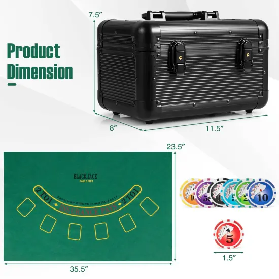 Black Aluminum Poker Chip Set with 600 Chips, Cards, Felt and Carrying Case {5}