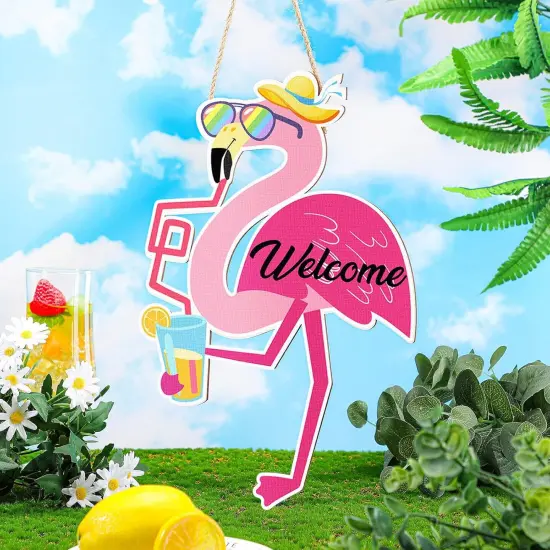 Flamingo Welcome Sign Wood Front Door Decor Summer Hanging Rustic Summer Decor {3}