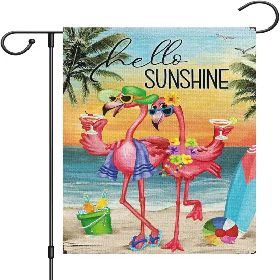 Hello Sunshine Summer Garden Flag Beach Flamingo Couple Welcome 12x18 Inch Double Sided Small Burlap Palm Tree Holiday Yard Outdoor Sign Outside Home House Decoration {1}