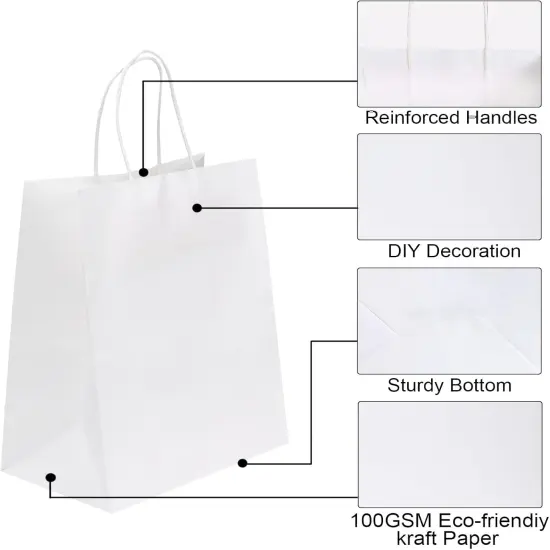 50 Pack 8x4.75x10 Inch Medium White Kraft Paper Bags with Handles Bulk (50pcs) {3}